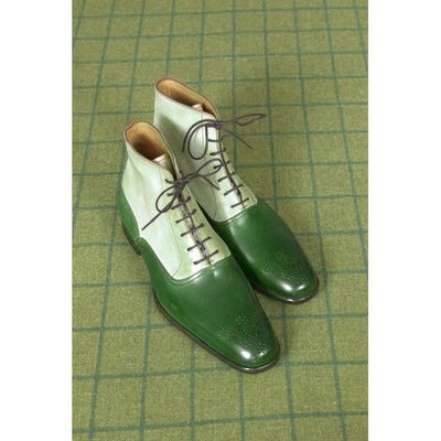 Handmade white green brogue ankle boots men's leather boots - Thumbnail 2