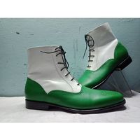 Handmade White Green Brogue Ankle Boots Men's Leather Boots - Thumbnail 1