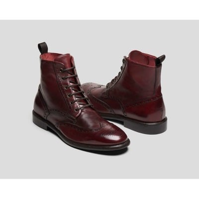 Men's handmade burgundy wing tip brogue leather lace up boot - Thumbnail 3