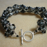 Black Silk Stone and Crystal Sterling Bracelet - Thumbnail 1