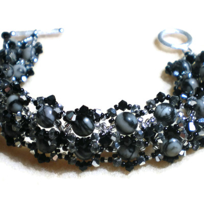 Black silk stone and crystal sterling bracelet