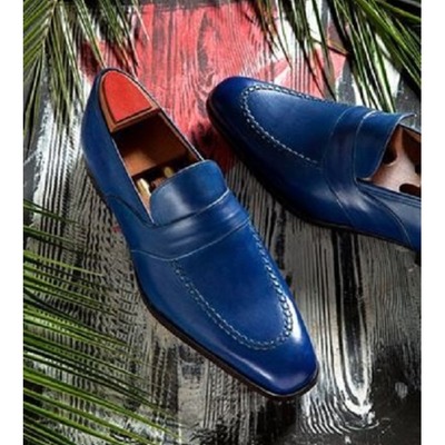 Handmade blue leather penny loafers shoes for men's - Thumbnail 2