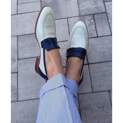 Handmade white blue leather penny loafers shoes for men's - Thumbnail 3