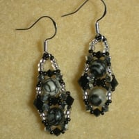Black Silk Stone and Crystal Sterling Earrings - Thumbnail 1