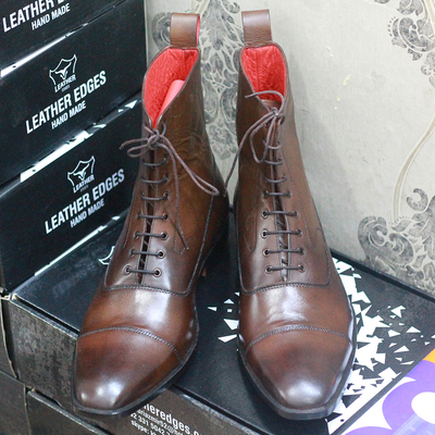 Handmade brown cap toe ankle boots men's leather lace up boot - Thumbnail 4