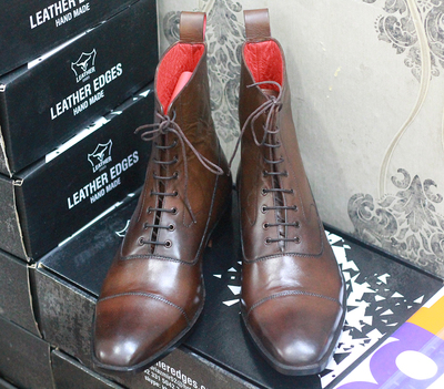 Handmade Brown Cap Toe Ankle Boots Men's Leather Lace Up Boot