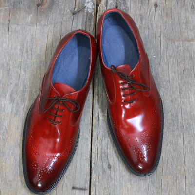 Men's handmade stylish burgundy brogue leather lace up shoes - Thumbnail 4