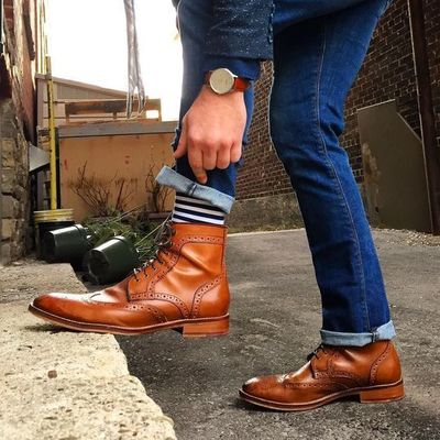 New handmade half ankle tan wing tip brogue leather lace up boot for men's  - Thumbnail 4
