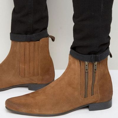 Handmade men's tan ankle high side zipper chelsea suede boot - Thumbnail 2