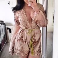 Sexy V neck Long Sleeve Sequins Romper - Thumbnail 1