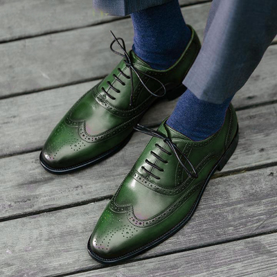 Men's handmade green color wing tip brogue leather lace up shoes - Thumbnail 4