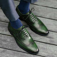 Men's Handmade Green Color Wing Tip Brogue Leather Lace Up Shoes - Thumbnail 1