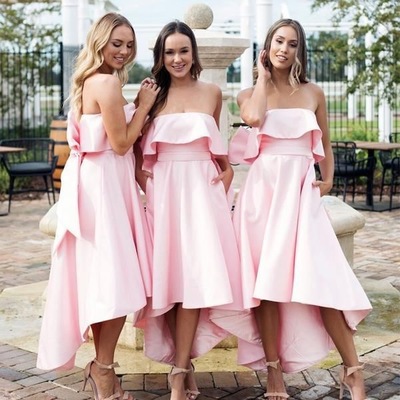 Strapless pink hi low bridesmaid dresses for wedding party - Thumbnail 3