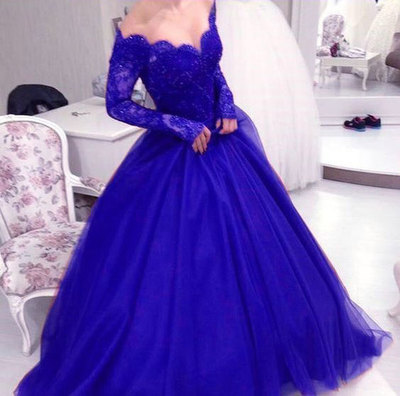Royal Blue Long Sleeves Prom Dresses Birthday Dresses with Appliques Beads