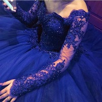 Royal Blue Long Sleeves Prom Dresses Birthday Dresses with Appliques Beads - Thumbnail 1