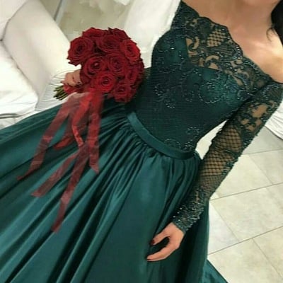 Dark green long sleeves prom dresses with long sleeves - Thumbnail 4