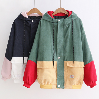 Harajuku hit color corduroy hooded jacket - Thumbnail 2