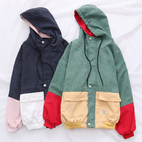 Harajuku hit color corduroy hooded jacket - Thumbnail 1