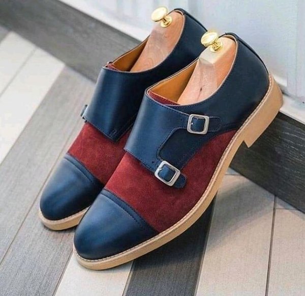 Red Suede Double Buckle Monk Strap Cap Toe Tan Sole Real Leather Handmade Shoes