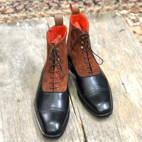 Men's Handmade Brown Black Cap Toe Leather Suede Lace Up Boot - Thumbnail 1