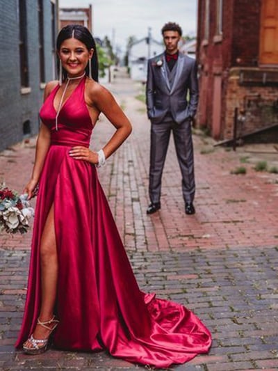 Charming A-Line Halter V Neck Open Back Red Satin Long Prom Dresses with High Split,Evening Party Dresses