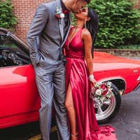 Charming A-Line Halter V Neck Open Back Red Satin Long Prom Dresses with High Split,Evening Party Dresses - Thumbnail 1