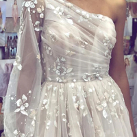 Princess A-Line One Shoulder Long Sleeve White Tulle Appliques Long Wedding Dresses,Unique Bridal Gown - Thumbnail 1