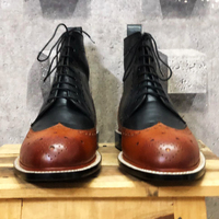 Men's Handmade Brown Black Wing Tip Brogue Leather Lace Up Boot - Thumbnail 1