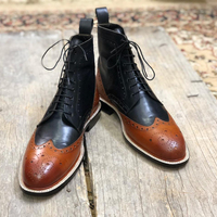 Men's Handmade Brown Black Wing Tip Brogue Leather Lace Up Boot - Thumbnail 2