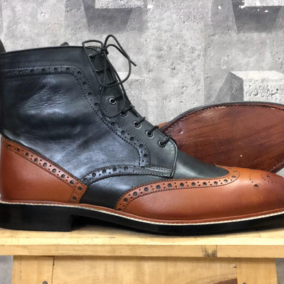 Men's handmade brown black wing tip brogue leather lace up boot - Thumbnail 2