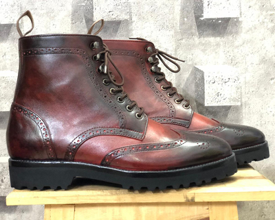 Men's Handmade Ankle High Tone Burgundy Wing Tip Brogue Leather Lace Up Boot