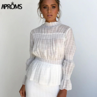 Chic Plaid Long Sleeve White High Neck Blouse - Thumbnail 1