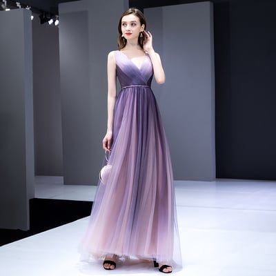 Purple v neck tulle long prom dress - Thumbnail 5