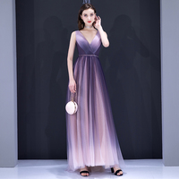 Purple v neck tulle long prom dress - Thumbnail 1