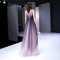 Purple v neck tulle long prom dress - Thumbnail 2