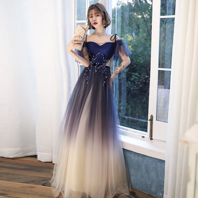Blue tulle velvet long prom dress - Thumbnail 5