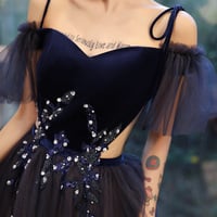 Blue tulle velvet long prom dress - Thumbnail 1
