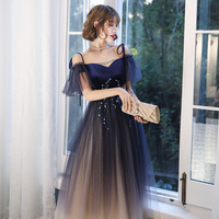 Blue tulle velvet long prom dress - Thumbnail 2
