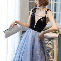 Blue v neck tulle long prom dress - Thumbnail 2