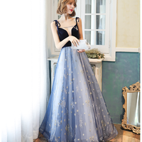 Blue v neck tulle long prom dress - Thumbnail 3