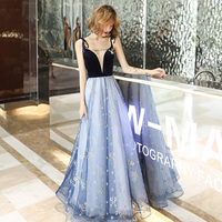 Blue v neck tulle long prom dress - Thumbnail 4