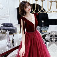 Burgundy velvet tulle long prom dress party dress - Thumbnail 2