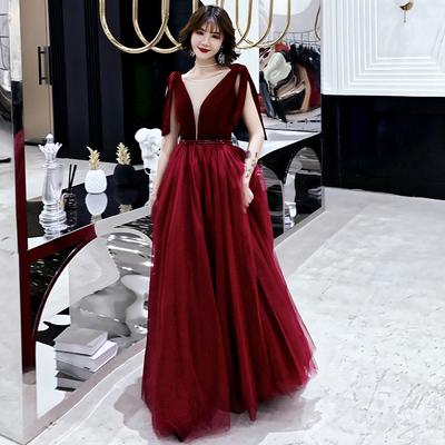 Burgundy velvet tulle long prom dress party dress - Thumbnail 5