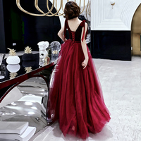 Burgundy velvet tulle long prom dress party dress - Thumbnail 3