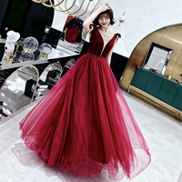 Burgundy velvet tulle long prom dress party dress - Thumbnail 1