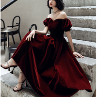 Burgundy velvet short prom dress party dress - Thumbnail 1