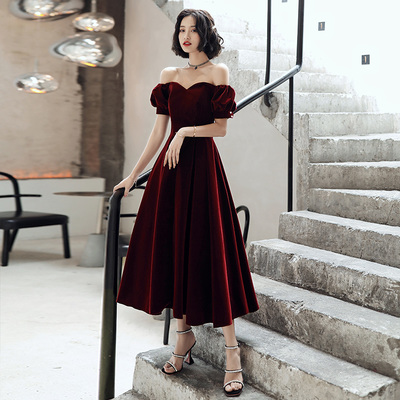 Burgundy velvet short prom dress party dress - Thumbnail 5
