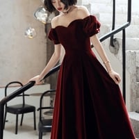 Burgundy velvet short prom dress party dress - Thumbnail 2