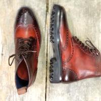 Men's Handmade Ankle High Tone Burgundy Wing Tip Brogue Leather Lace Up Boot - Thumbnail 1