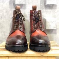 Men's Handmade Ankle High Tone Burgundy Wing Tip Brogue Leather Lace Up Boot - Thumbnail 2